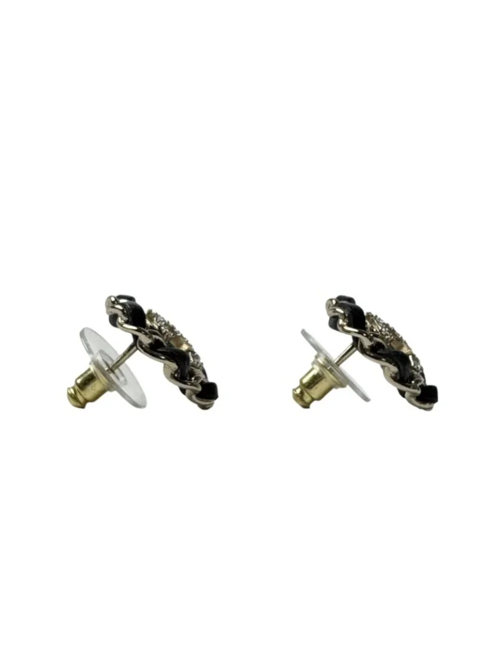 Chanel CC Logo Rhinestone Leather Chain Earrings